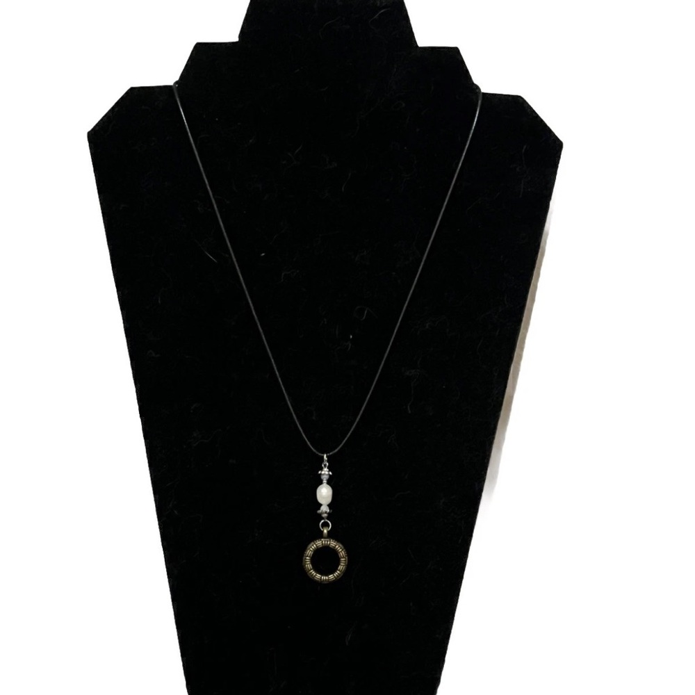 Wicca, Fairycore, Bohemian Circular Pendant With Pearl On Black Leather Cord.